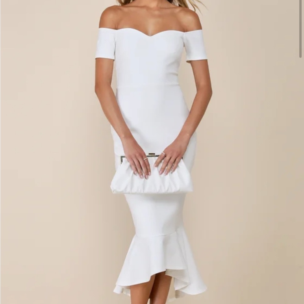Lulu's White Sheath Midi Dress Off-Shoulder Sweetheart